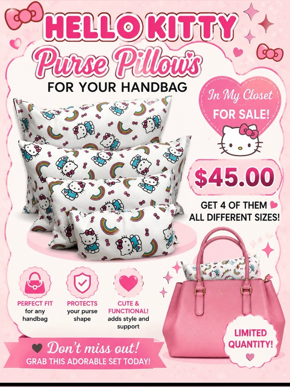 Hello Kitty White Rainbow Purse Pillow Set (4pcs)